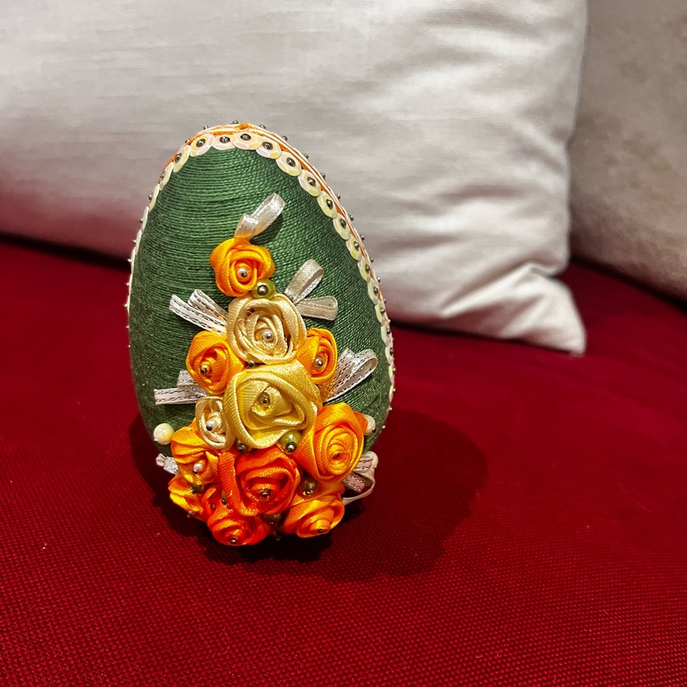 Decorative Green Easter Egg with Orange and Yellow Flowers